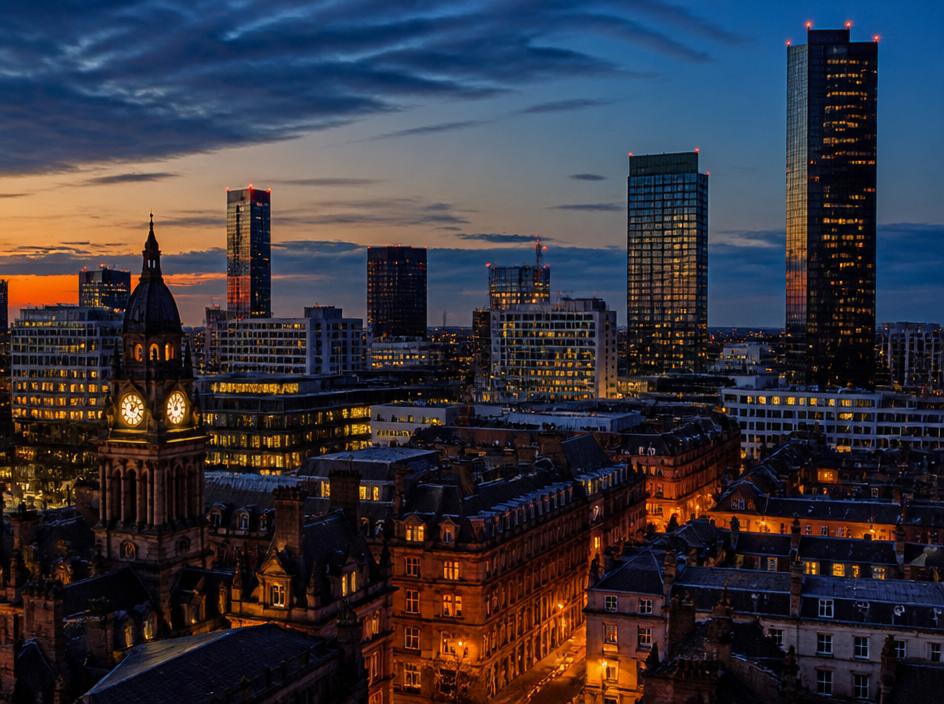 Manchester city centre skyline at dusk